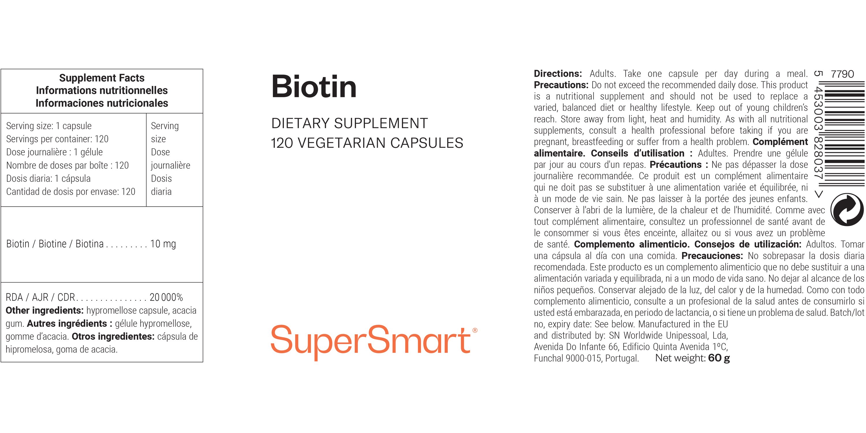 Bote de complemento alimenticio de biotina o vitamina B7 (también llamada vitamina B8 o vitamina H)