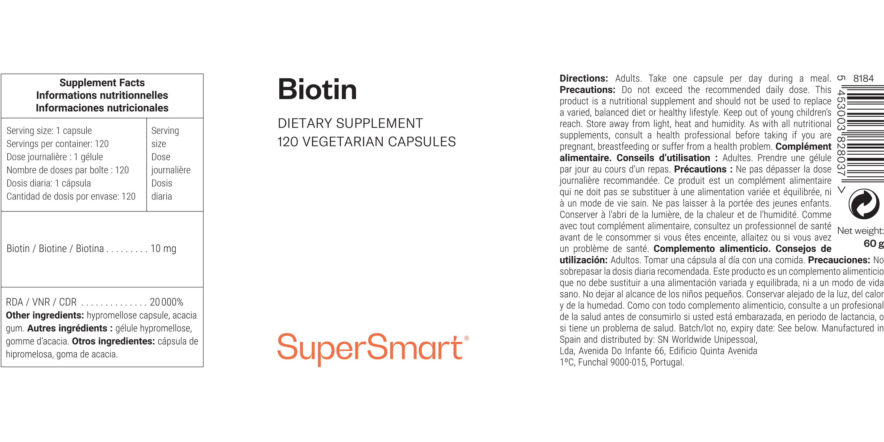 Bote de complemento alimenticio de biotina o vitamina B7 (también llamada vitamina B8 o vitamina H)