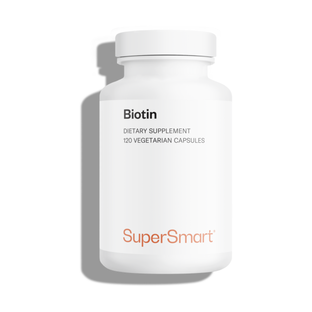 Bote de complemento alimenticio de biotina o vitamina B7 (también llamada vitamina B8 o vitamina H)