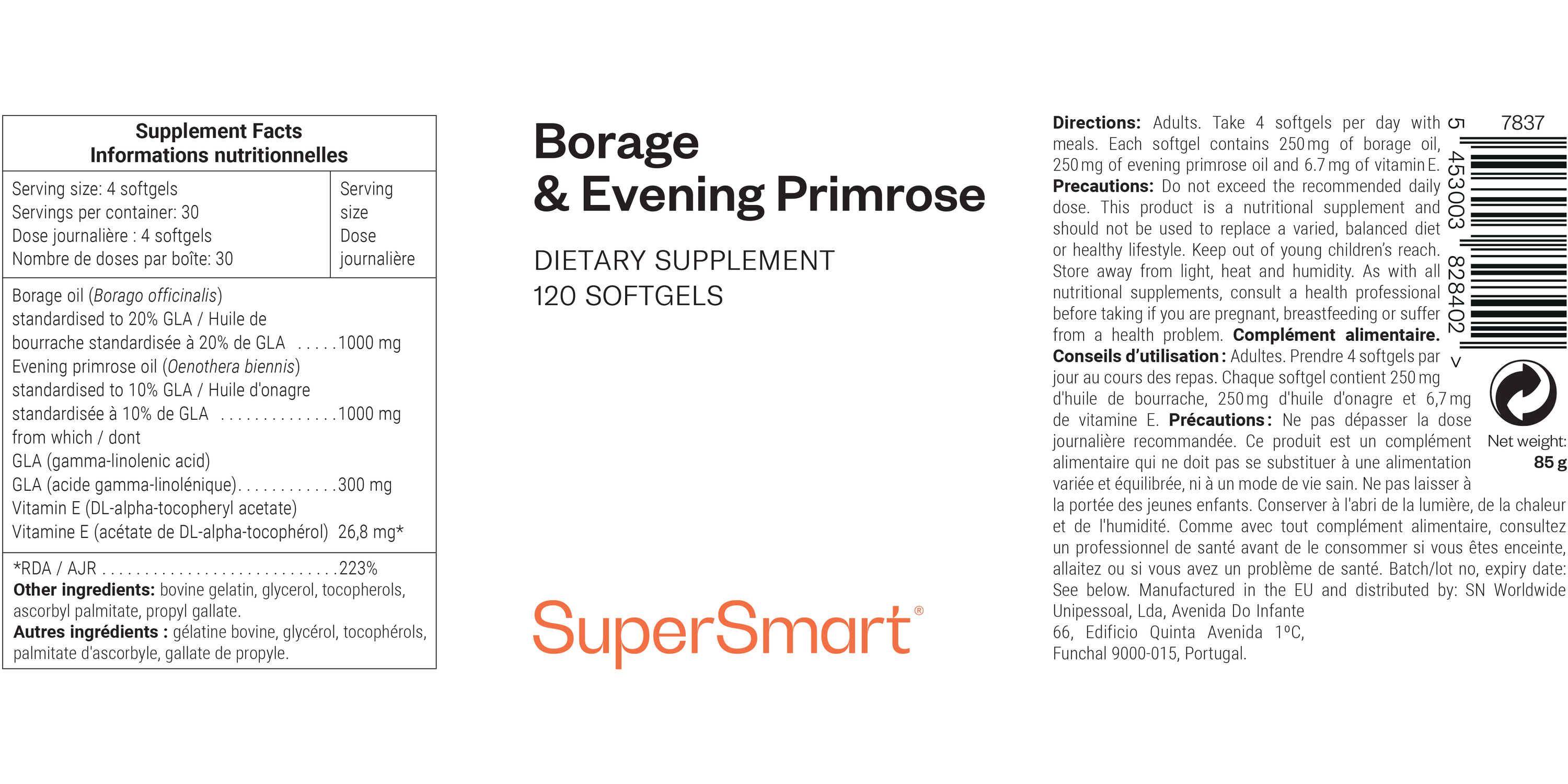 Complément alimentaire d'huile de bourrache et d'onagre