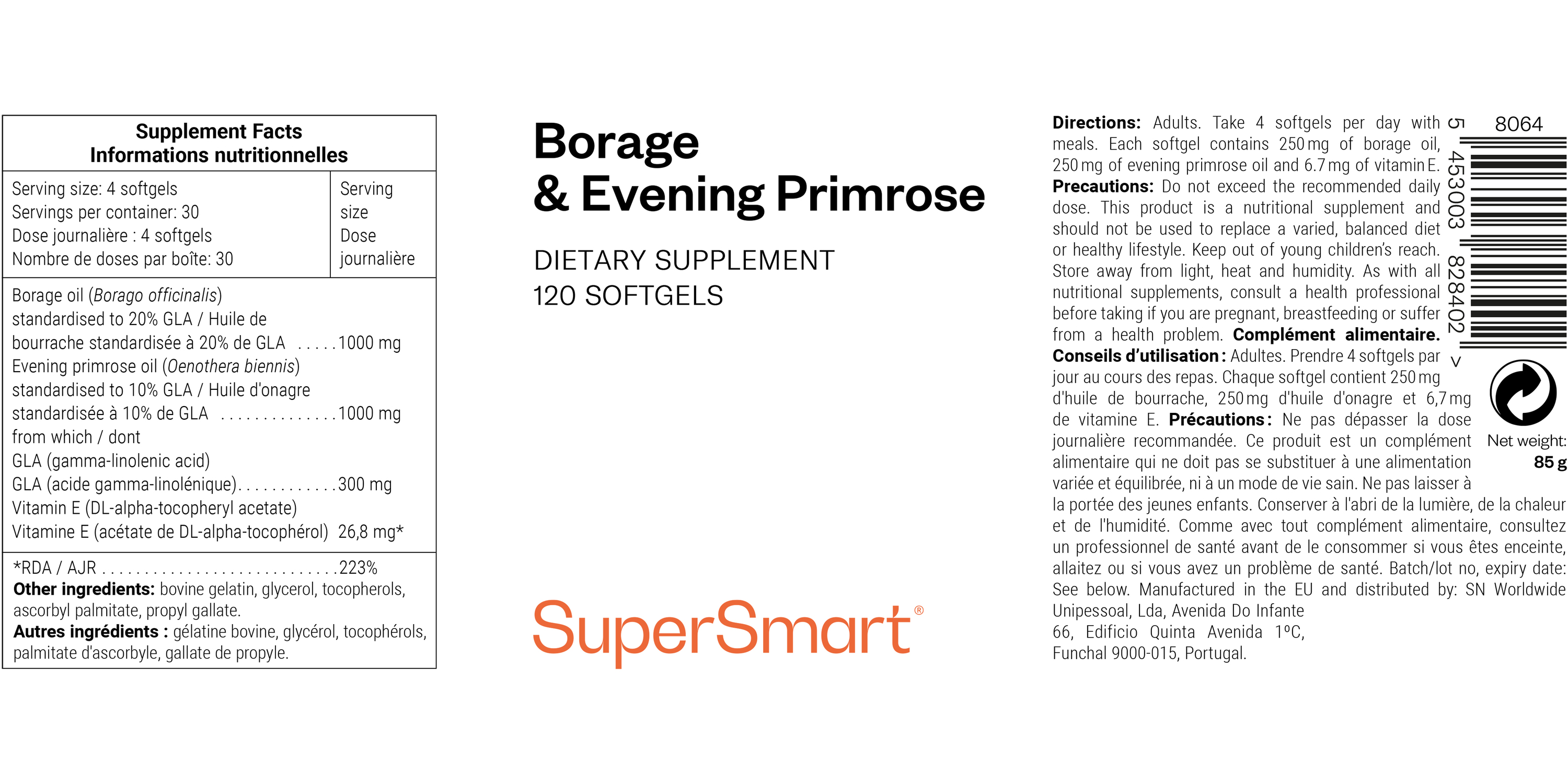 Complément alimentaire d'huile de bourrache et d'onagre