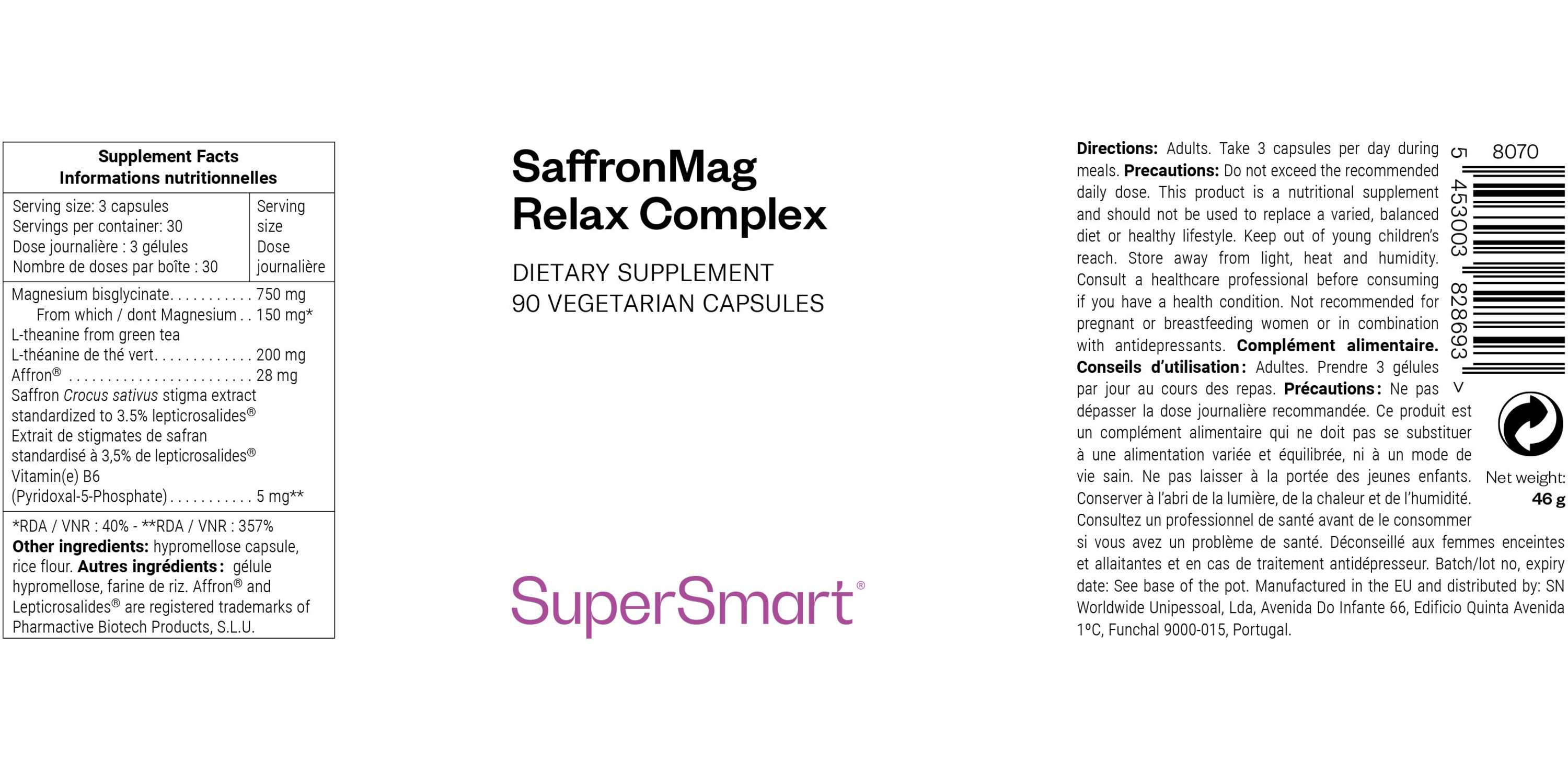 Dietary supplement with saffron & magnesium for relaxation and daily balance *