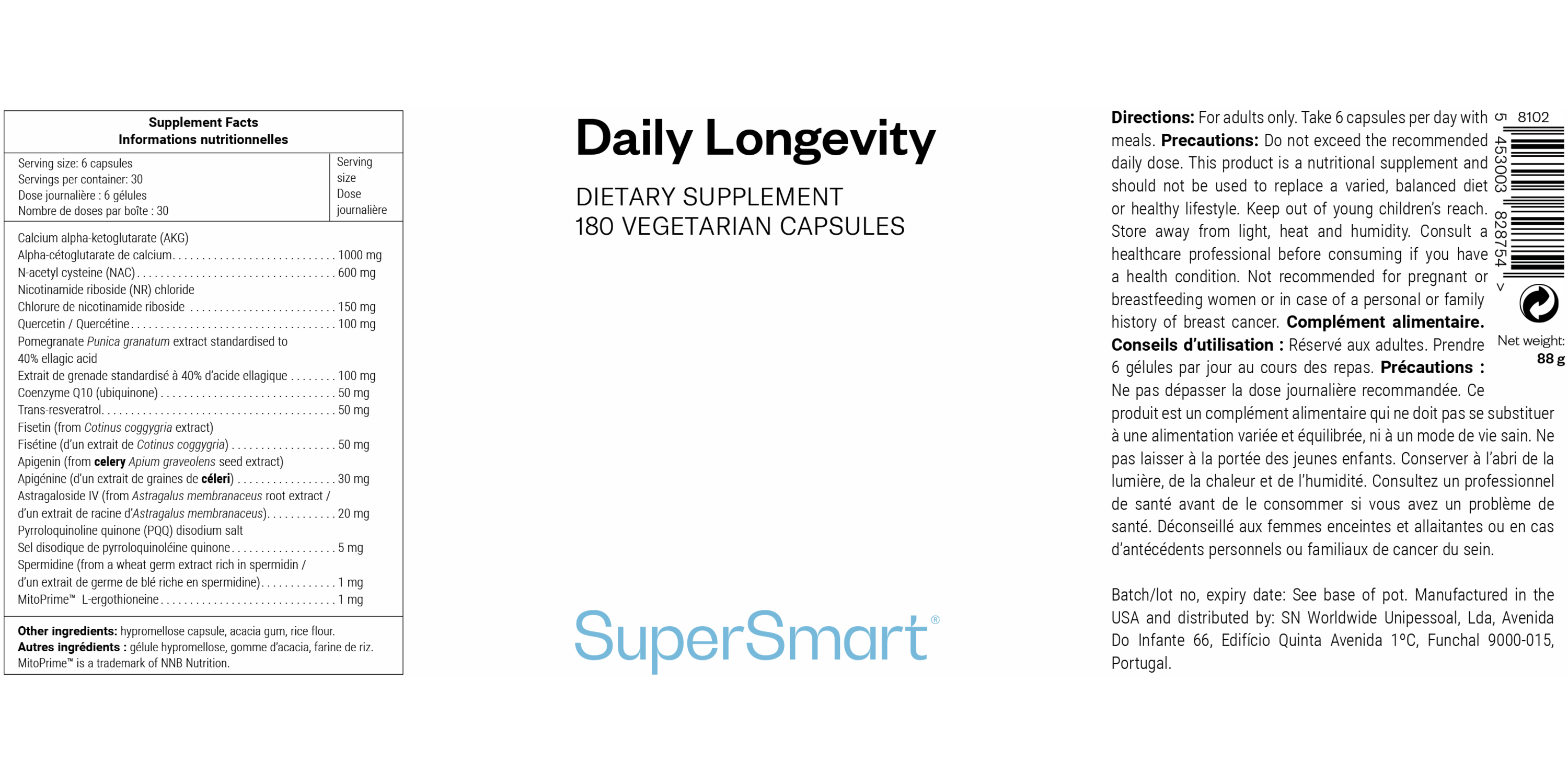 Complemento alimenticio antienvejecimiento para ayudar la longevidad*